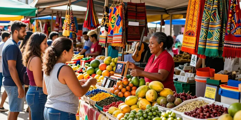 Mercado vibrante con diversas interacciones y productos brasileños expuestos.