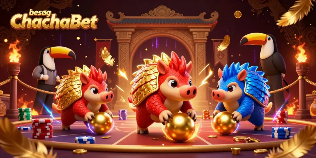 Besøg ChachaBet i en spændende scene med pangoliner og pokerchips.