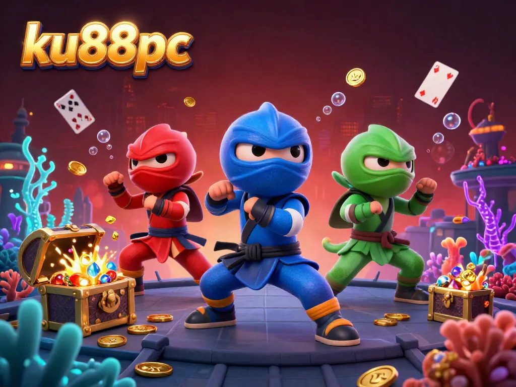 Experience thrilling gaming action at ku88pc with ninja chameleons on a vibrant rooftop scene full of treasure.