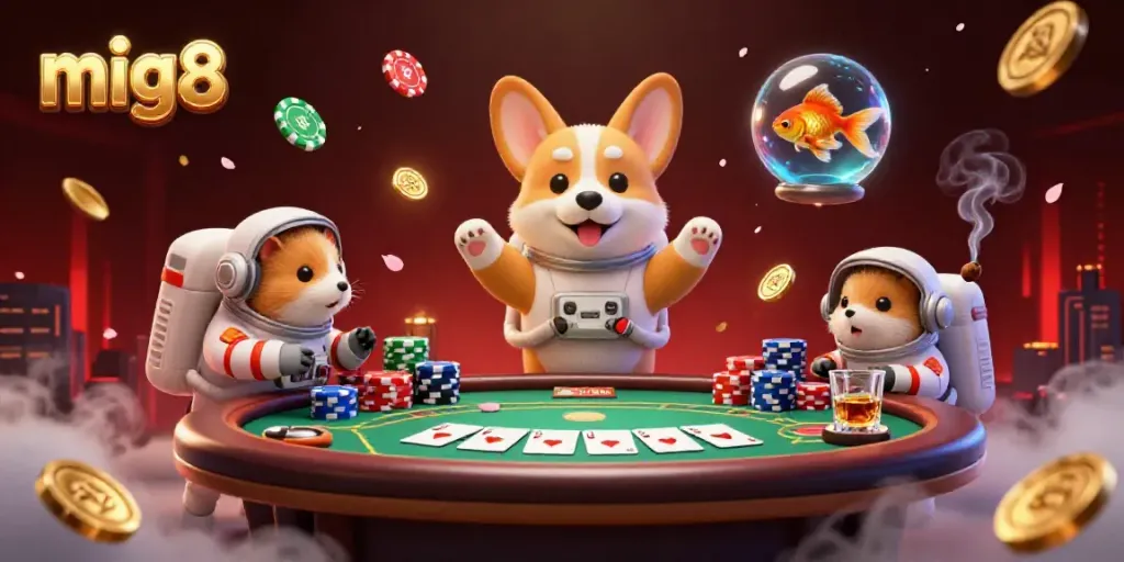 Experience the excitement of gambling at mig8 with a 3D cartoon astronaut corgi in a casino.