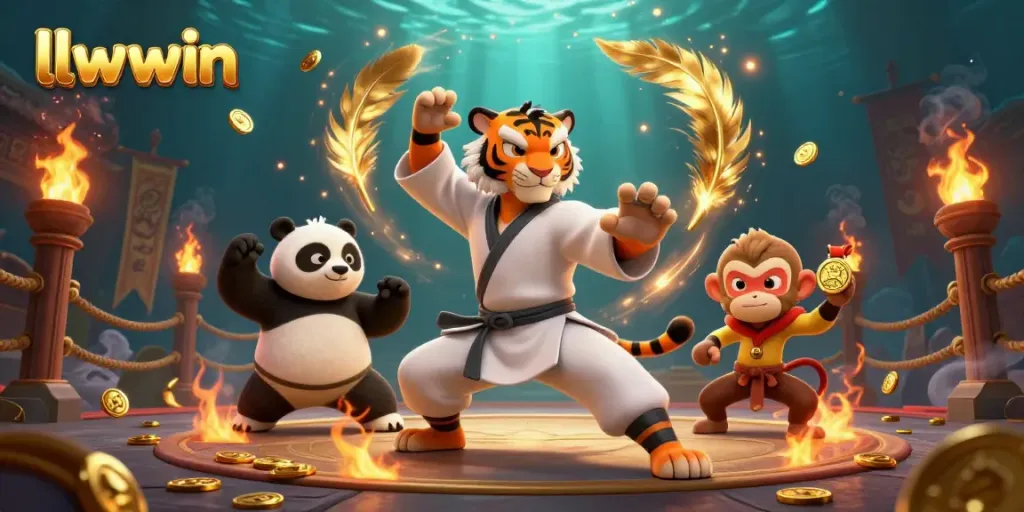 Experience thrilling gameplay with llwwin in this vibrant casino scene showcasing the tiger master and his students.