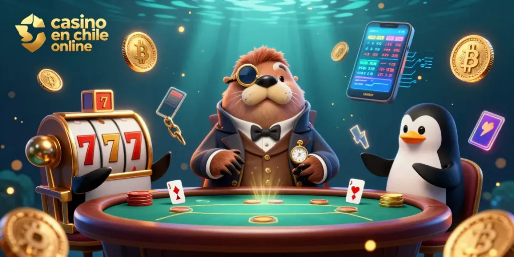 Juega en el casino en línea en Chile con giros de tragamonedas y monedas criptográficas brillantes.