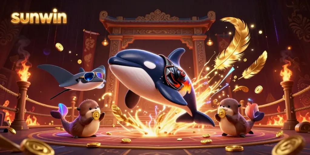 Enjoy the thrilling adventure of sunwin with a vibrant 3D scene featuring colorful characters and casino elements.