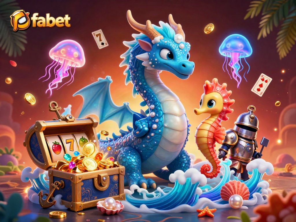 Join fabet with the azure dragon and seahorse knight amidst colorful casino treasures.