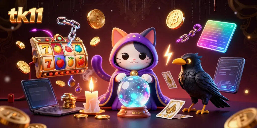 Engage your luck with tk11 in this vibrant casino scene featuring animated characters and slot elements.