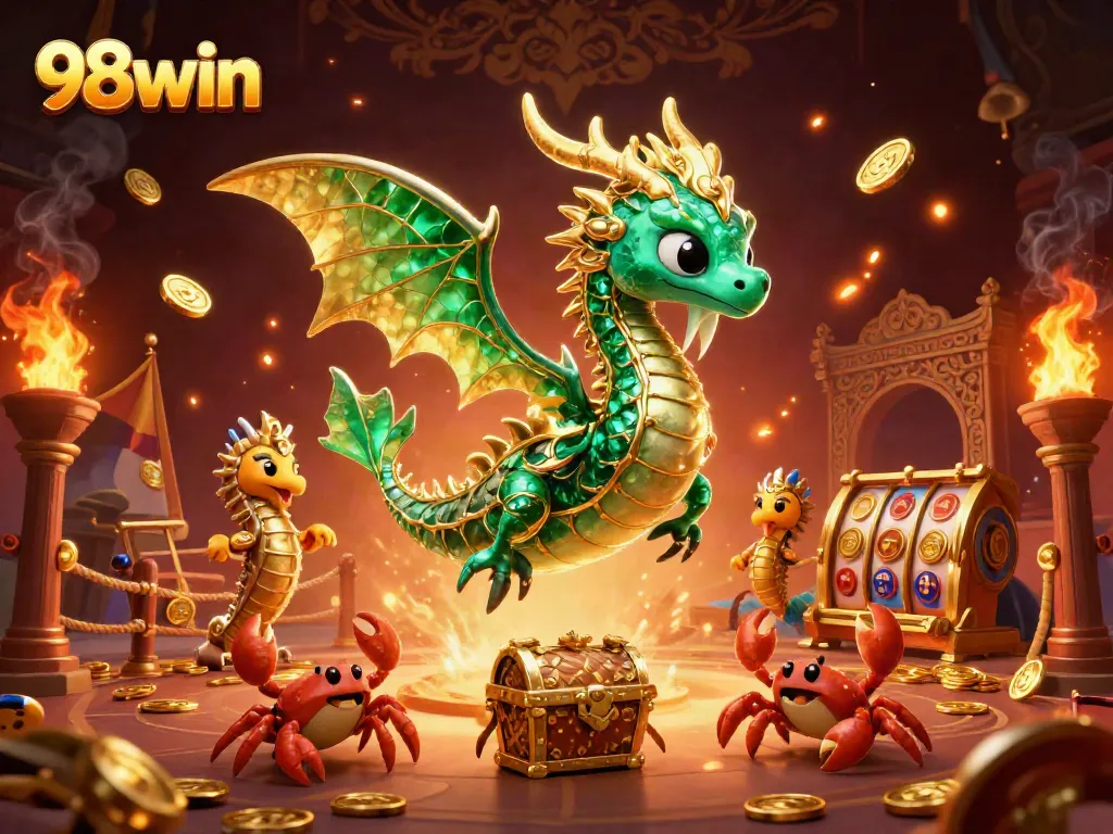 Experience thrilling gameplay with 98win's underwater casino adventure featuring a treasure-chest-seeking dragon.