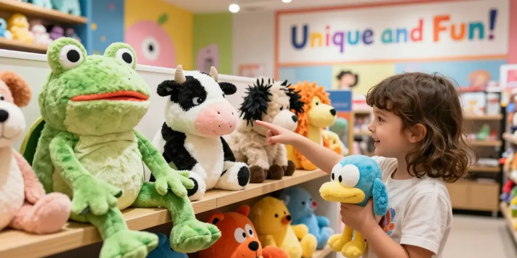 La colección de peluches feos en una tienda, mostrando su encanto único y divertido.