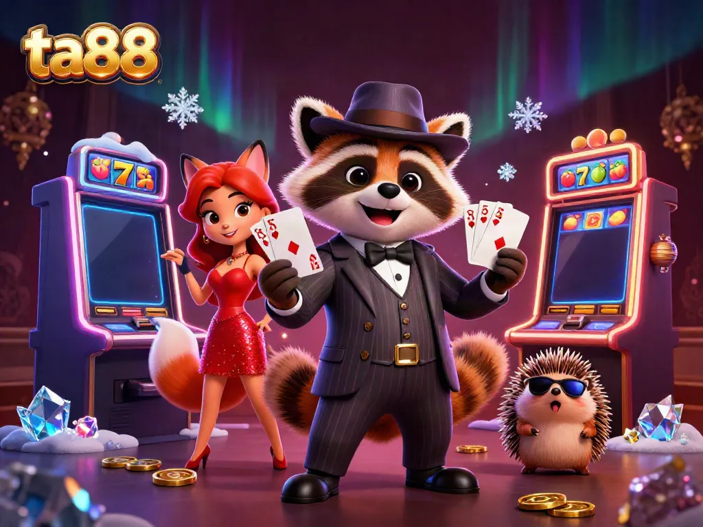 Experience thrilling wins at ta88 with a charming raccoon, fox lady, and hedgehog bouncer in a vibrant casino setting.