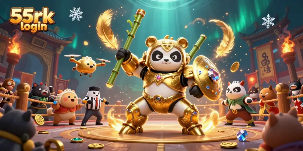 Experience thrilling gameplay with 55rk login in a dynamic arena filled with golden pandas and exciting elements.