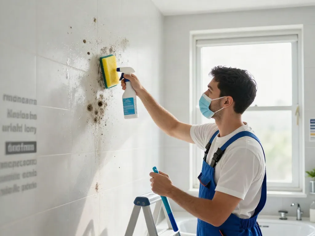 Desinfección de moho en Barcelona realizada por un técnico en un baño, mostrando herramientas de limpieza y un ambiente luminoso.