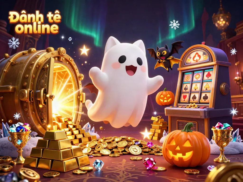 Experience thrilling Đánh đề online with this vibrant 3D illustration showcasing ghostly fun at a haunted casino mansion.