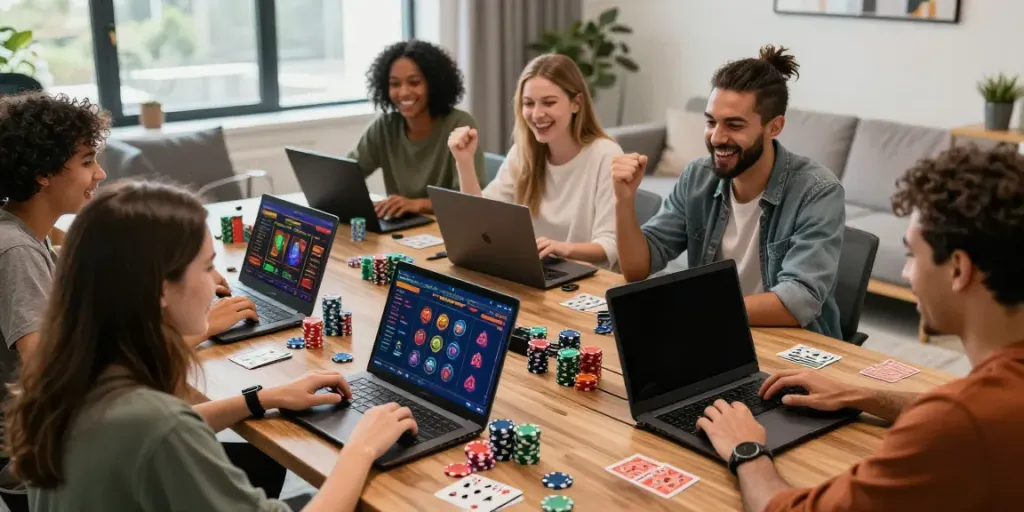 Exciting group of friends playing DU88 games in a lively living room.
