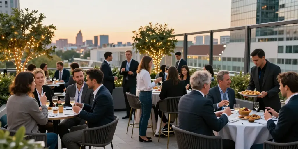 Elegante terrazas voor corporate evenementen met professionals die netwerken tijdens een evenement in de stad.