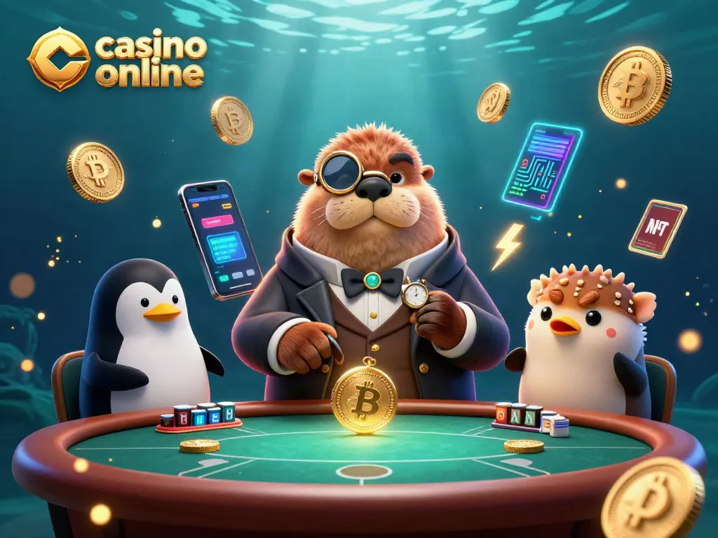 Juego en un casino online con una escena animada de un walrus y un pingüino en una mesa de póker.