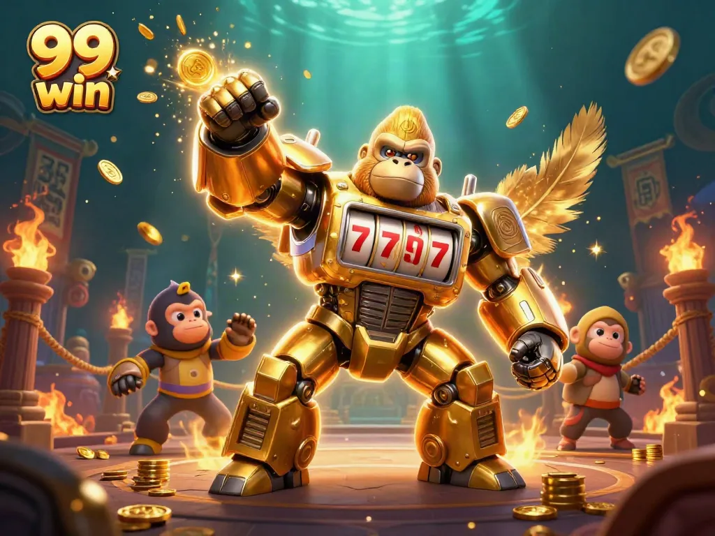 Experience the excitement of 99 win with a golden gorilla mech, bursting coins, and dynamic casino elements.