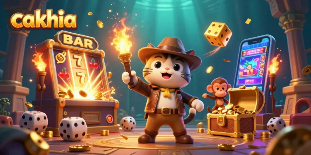 Cakhia offers an immersive gambling adventure featuring a cat explorer amidst a treasure-filled casino scene.
