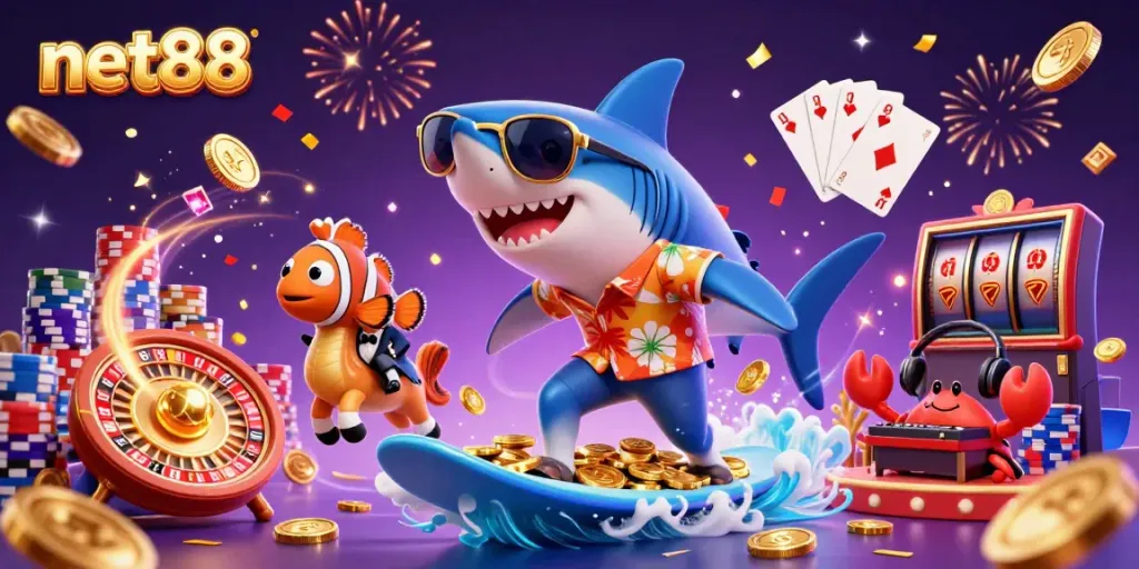 Engage in thrilling gaming with net88, featuring a vibrant 3D shark surfing on gold coins.