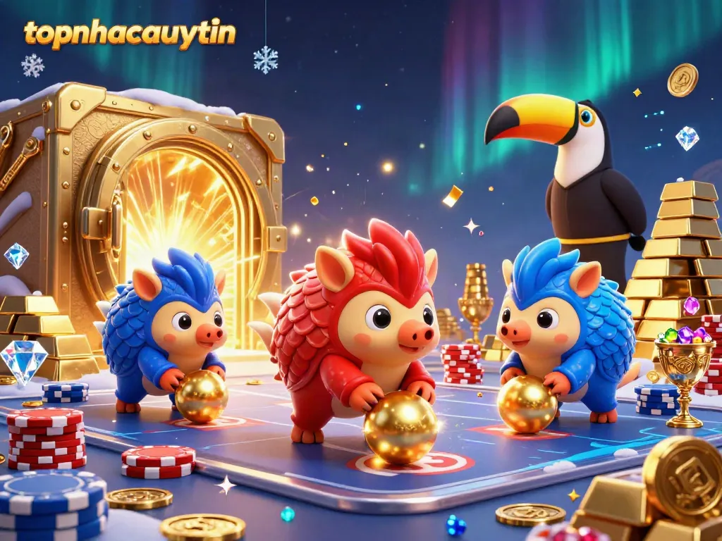 topnhacaiuytin pangolins game illustration with poker chips and treasure elements