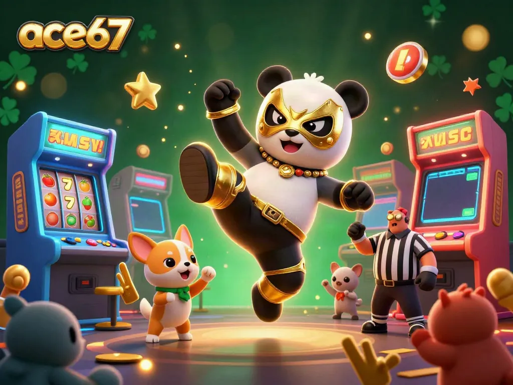 Join the excitement of ace67 with a panda wrestler flying kick amidst colorful slot machines.