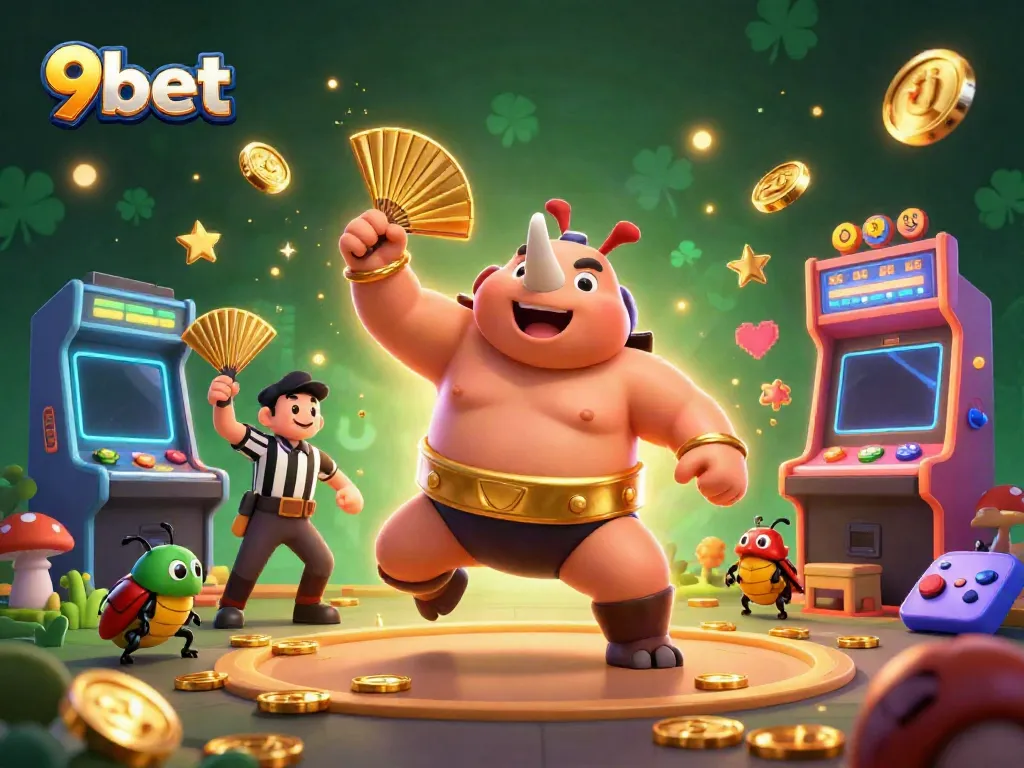 Experience the thrilling chaos of 9bet with a rhinoceros beetle champion sending coins flying in a vibrant 3D casino scene.