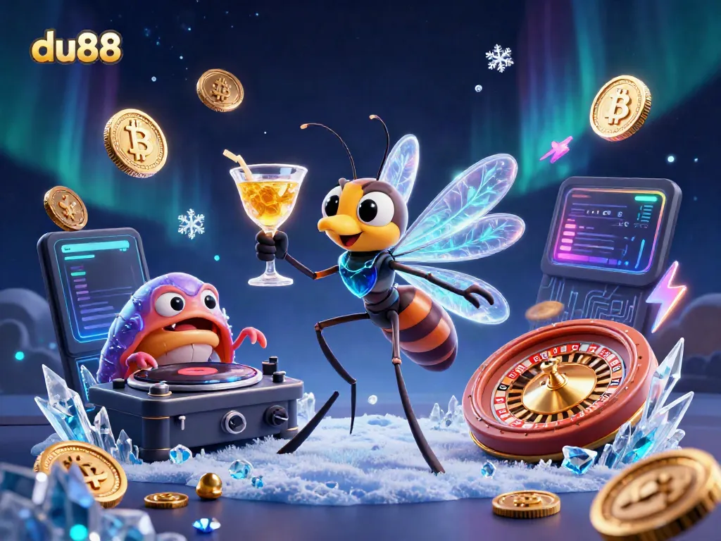 Engage in exhilarating gameplay with du88 as a unique frozen mosquito mascot and fossil DJ in a vibrant casino scene.