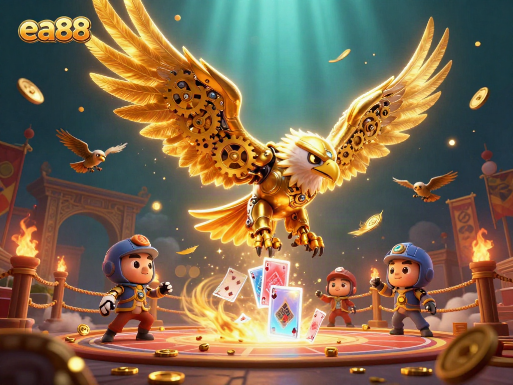 Experience thrilling action at ea88 featuring cybernetic eagle in a vibrant casino scene.