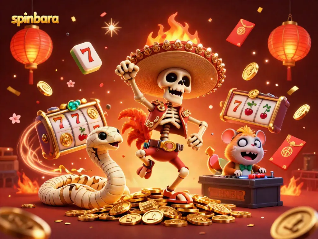 Spinbara casino image showcasing a festive scene with a mariachi rooster, mummy snake, and DJ hamster.