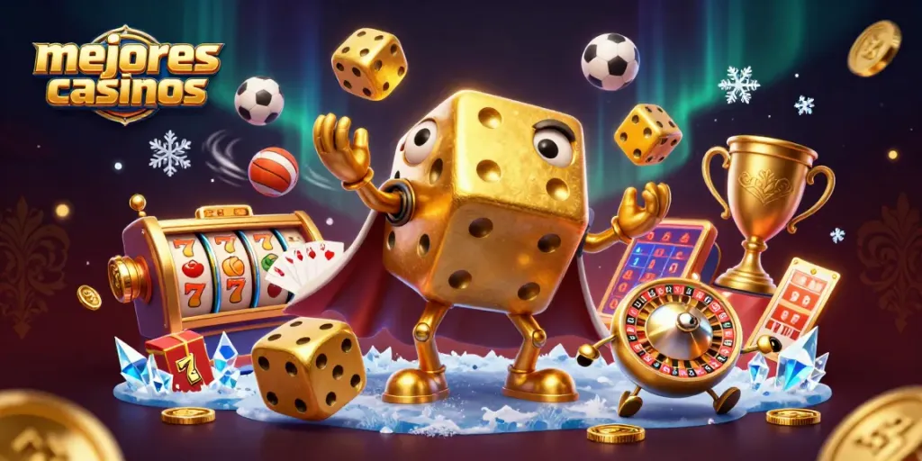 ¡Juega en los mejores casinos online con una emocionante escena de dados dorados y tragamonedas!