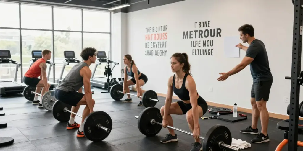 Entrenadores y atletas en un gimnasio entrenando con esteroides en línea.