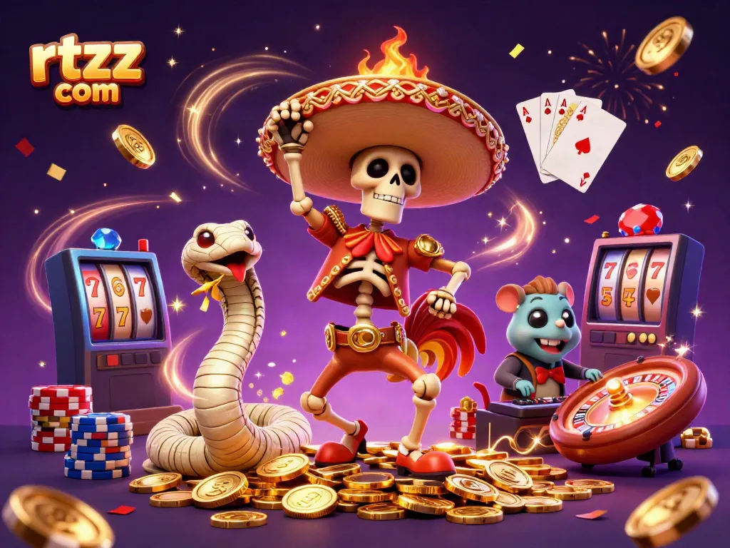 Experience the thrilling victory of rtzz com in this vibrant 3D casino illustration with lively characters and dynamic gaming elements.