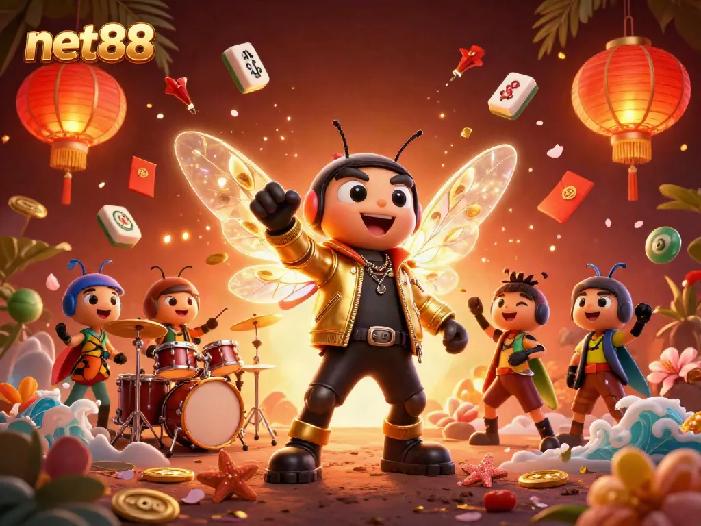Experience thrilling moments with net88, where a cicada rock star and vibrant gaming elements come alive.