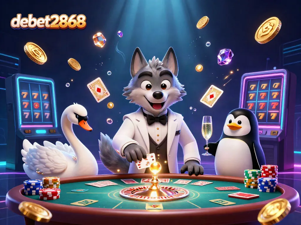Experience the thrill of debet2868's baccarat table with dazzling characters and casino elements.