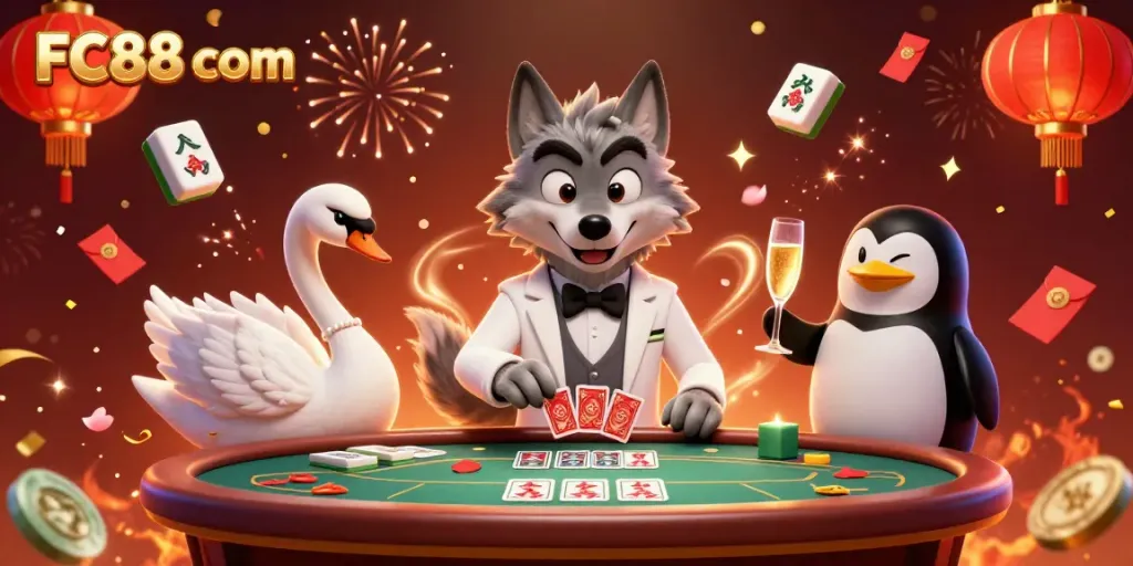 Experience the excitement at FC88 com featuring a debonair wolf and two elegant dealers in a lavish casino