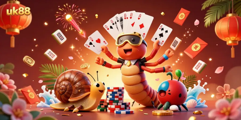 Experience excitement with uk88 as a cartoon millipede dealer showcases a variety of playing cards in a vibrant casino scene.