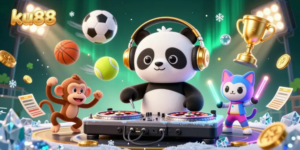 Experience the thrill at ku88 with vibrant 3D characters celebrating gaming and sports.