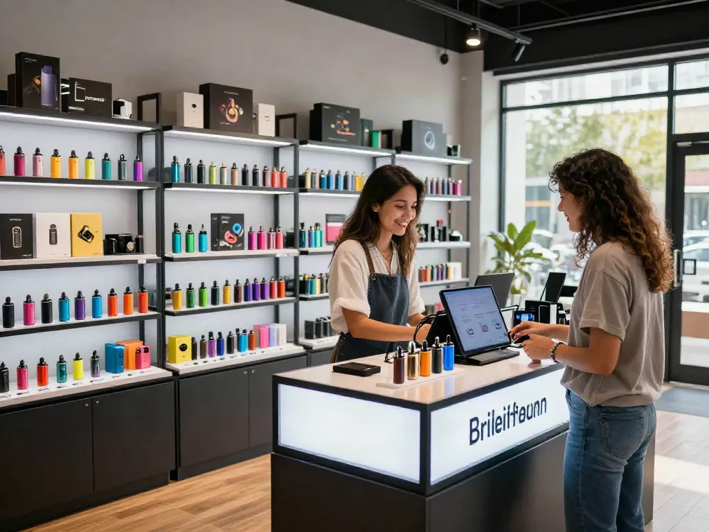 Chinese vape manufacturers EU Warehouse featured in a modern vape shop with colorful products and a welcoming atmosphere.
