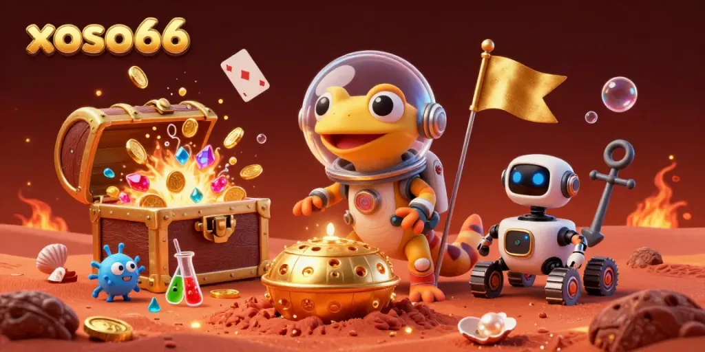 Unleash your luck with xoso66 in a vibrant casino discovery, featuring a Martian gecko and gold treasures.