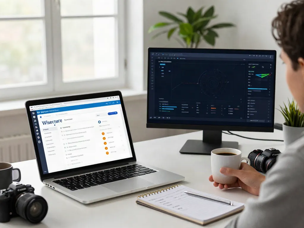 rokok88 software optimization workspace with dual monitors and coffee