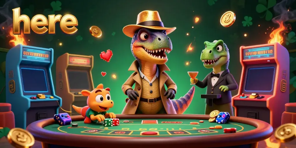 Engagingly styled scene showing a velociraptor card counter at a blackjack table, showcasing the vibrant casino environment themed around the keyword here.