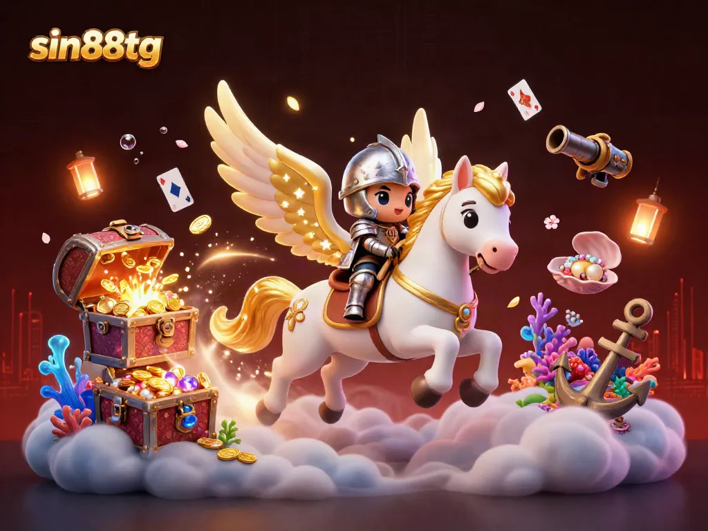 Experience thrilling gameplay with sin88tg as a celestial horse gallops through a vibrant casino world filled with treasures and games.