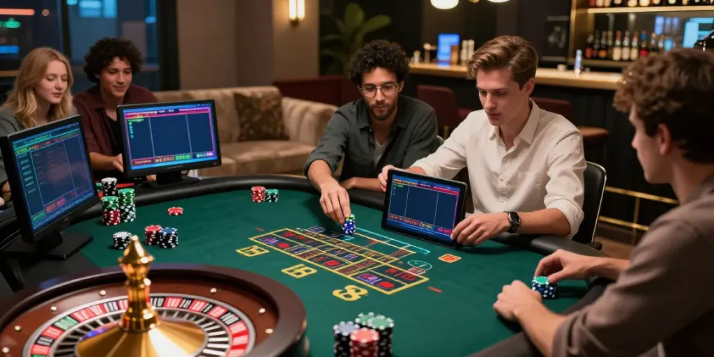 Engaging online gambling scene showcasing c168 gaming excitement with friends during a blackjack game.