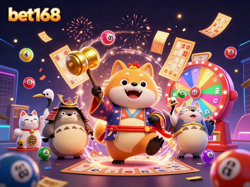 Experience the excitement of bet168 with our lively illustration of a cheerful tanuki and friends celebrating fortune.