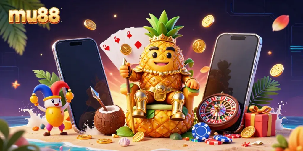 Engage in exciting casino fun with mu88, featuring a golden pineapple king, mango jester, and vibrant casino elements.