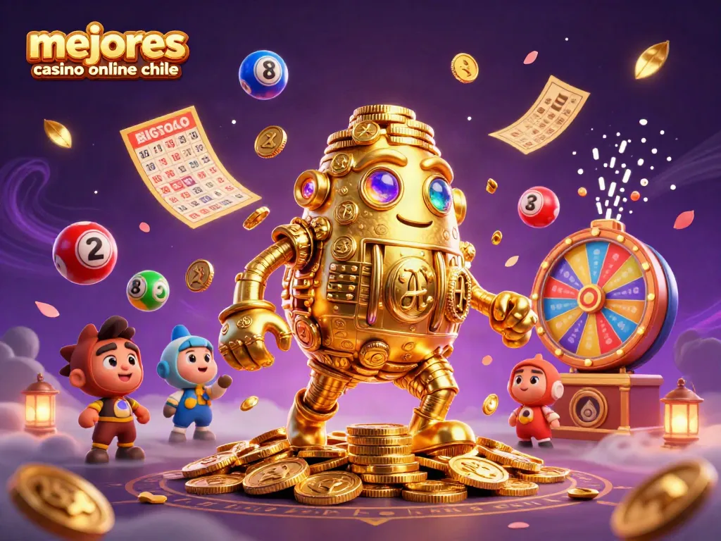 Mejores casinos online en Chile destaca con un golem dorado rodeado de elementos de lotería y premios.