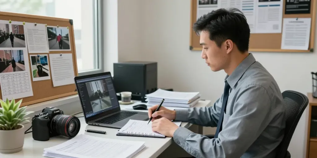 Private investigator reviewing evidence in a professional office for a spouse infidelity case.