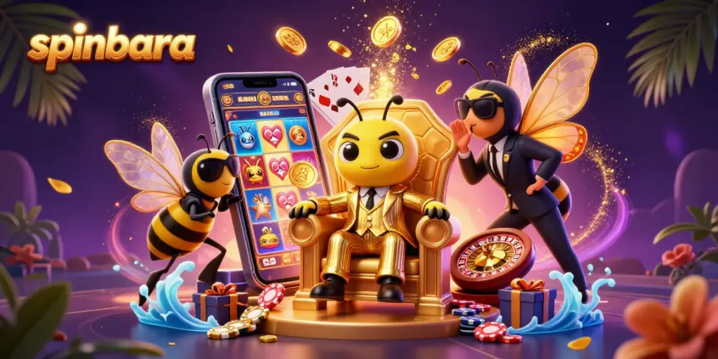 Experience thrilling slots at spinbara with a whimsical gambling scene featuring a cartoon bee mob boss and vibrant game elements.