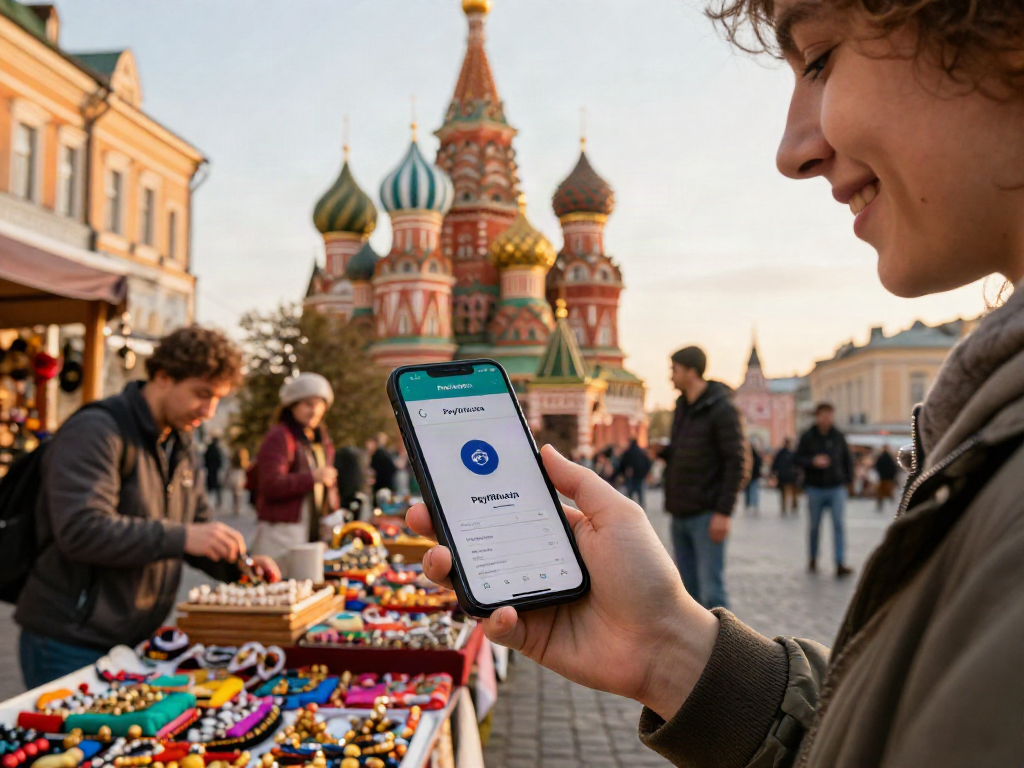 Persona utilizando la app https://payinrussia.com/ para pagos en un mercado ruso, ambiente vibrante y cultural.