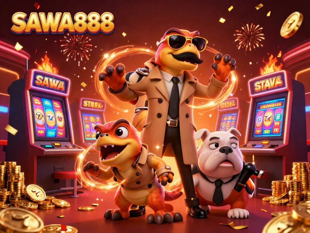 SAWA888 features three raptors in disguise entering a VIP casino, surrounded by dynamic colorful slot machines.