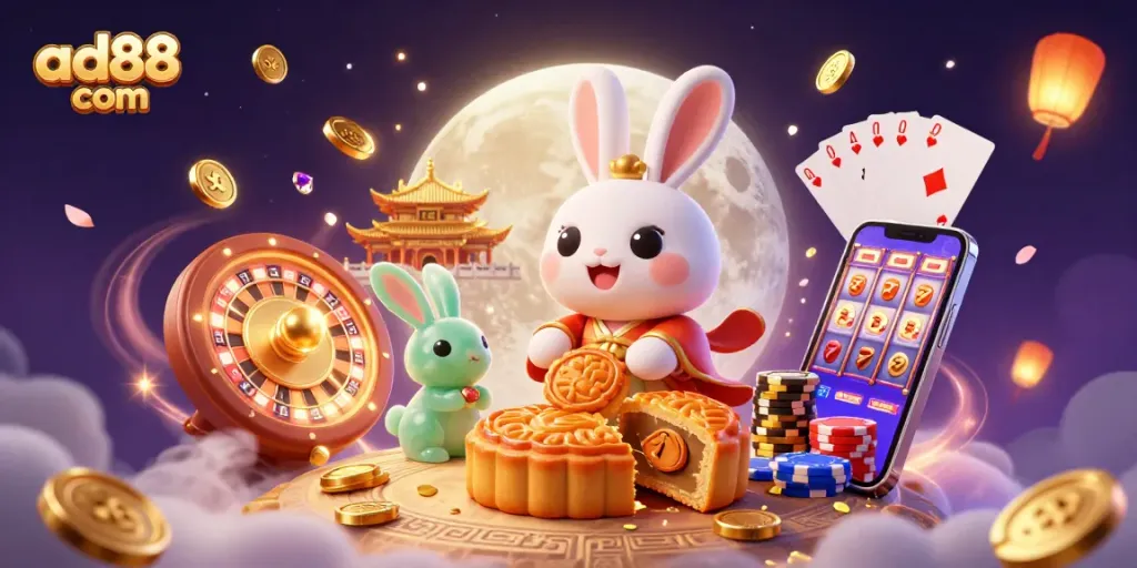 Engage with the exciting world of ad88 com, where a moon rabbit reveals poker chips from mooncakes amidst dynamic casino elements.