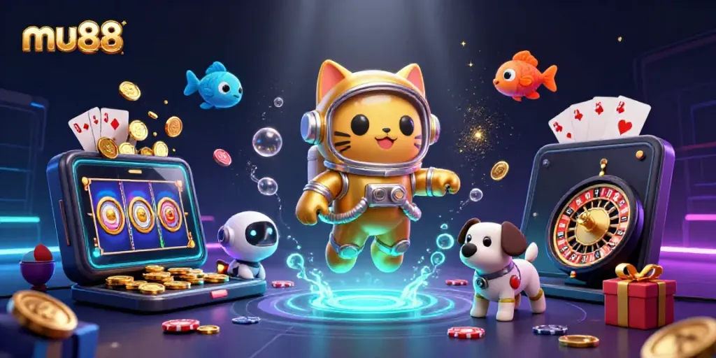 Experience exciting wins in mu88 with a vibrant 3D casino scene showcasing an astronaut cat and gaming elements.